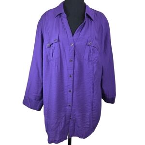 Roz & Ali Purple Button-Up Shirt With Roll Tab Sleeves Size 2X